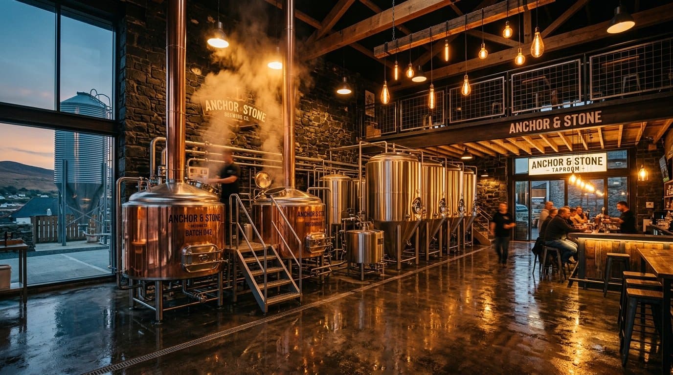 Stoney River brewhouse kettles and glowing fermentation deck
