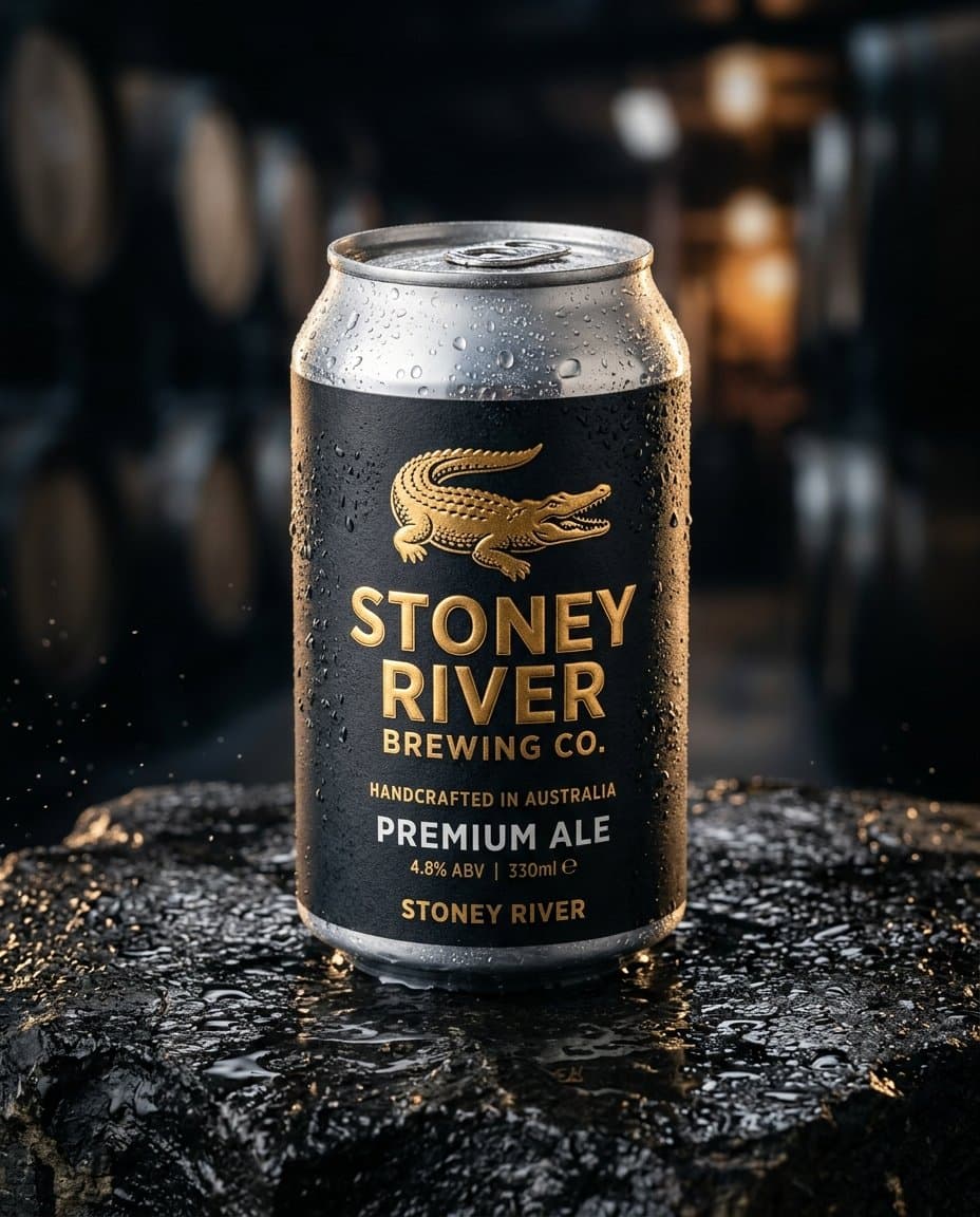 Stoney River Brewing Co. craft beer can with embossed crocodile emblem
